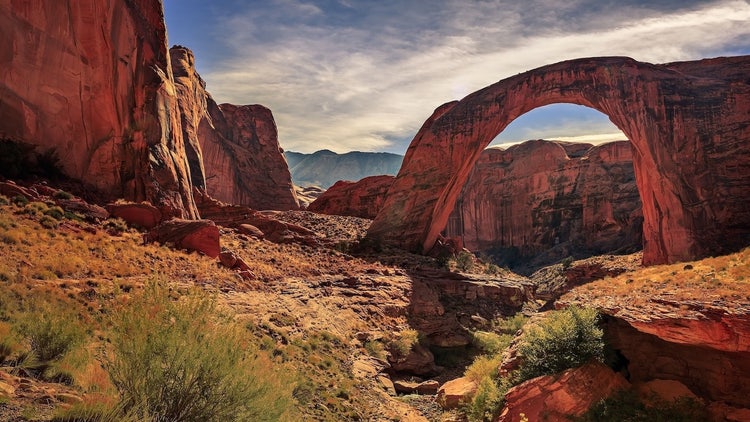 Beautiful rock formation in Glen Canyon near Lake Powell, Utah. Rocks formed unbelievable bridge called Rainbow Bridge National Monument.