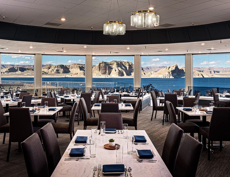 View of the dining room at the Rainbow Room restaurant at Wahweap Marina